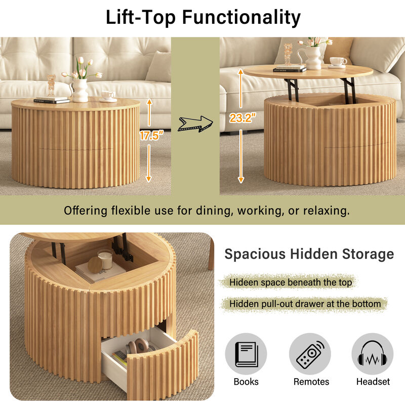 Merax Height-Adjustable Round Coffee Table with Smooth Lift Mechanism, Concealed Storage image number 7