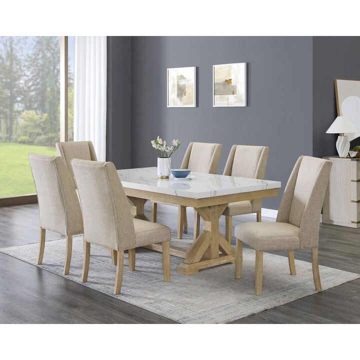 Best Quality Furniture 7Pc Fuax Marble Top Dining Set With 6 Beige Side Chairs