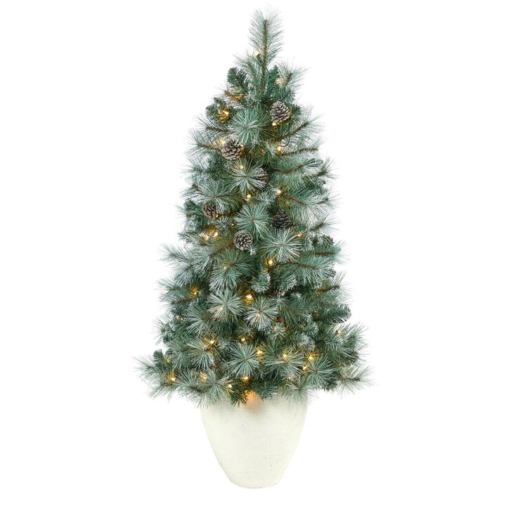 Nearly Natural 4-ft Brit Columbia Pine Xmas Tree w/100 Light in White Planter