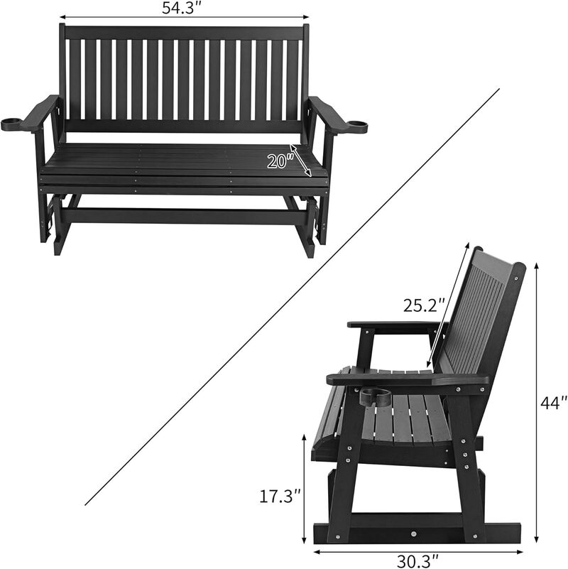 HIPS Patio Glider with Cup Holders, All-Weather Resistant, High Backrest and Deep Contoured Seat, Heavy Duty 900 LB (3-Seat,Black)