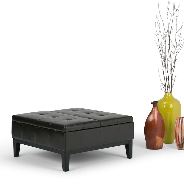 Simpli Home Dover Square Coffee Table Storage Ottoman In Tanners Brown Vegan Faux Leather