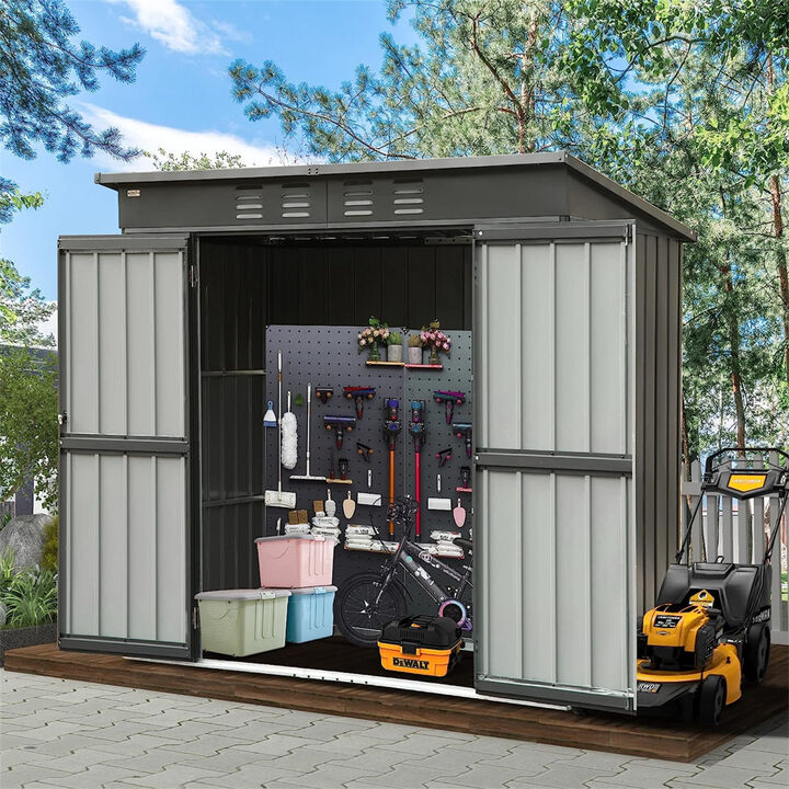 Backyard Storage Shed with Sloping Roof Galvanized Steel Frame Outdoor Garden Shed Metal Utility Tool Storage Room with Latches and Lockable Door for Balcony (5.45x3.69ft, Black)