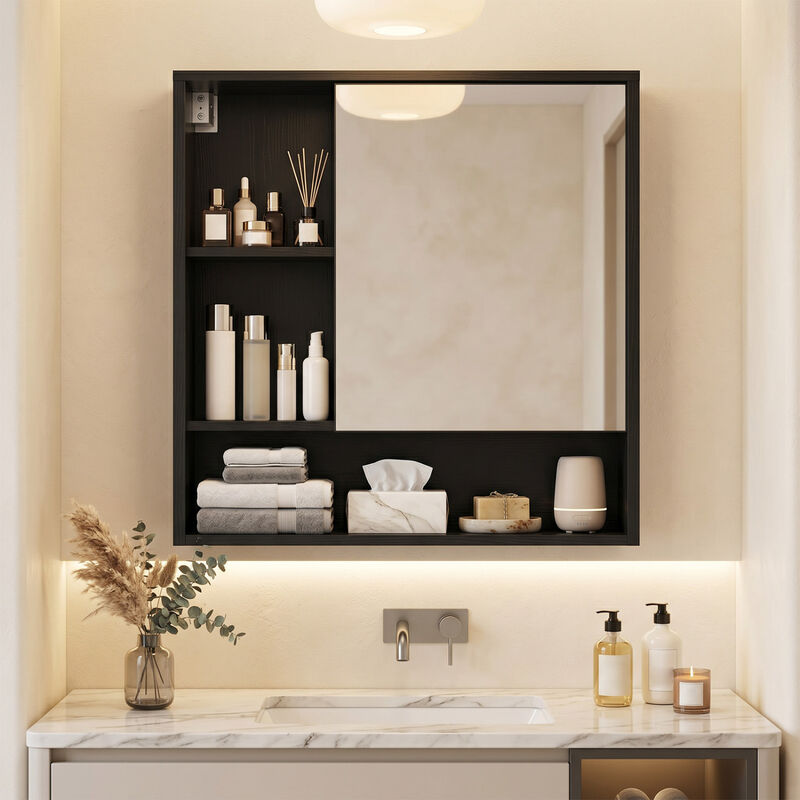 Bathroom Wall Mirror Cabinet with 2 Hidden Shelves and 3 Open Cubbies image number 1