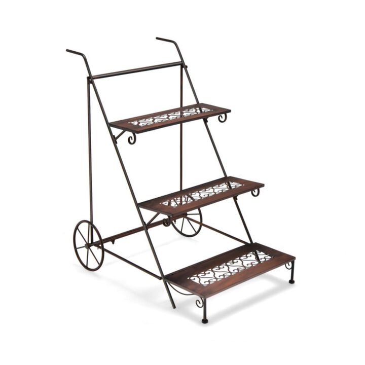 Hivvago 3-Tier Metal Plant Stand with Wheels and Handle for Balcony