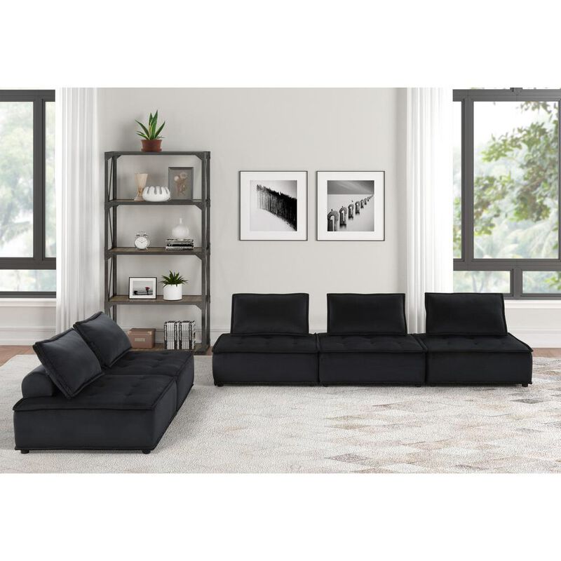 Lilola Home Anna Black Velvet 5 Pc Sectional Sofa Ottoman