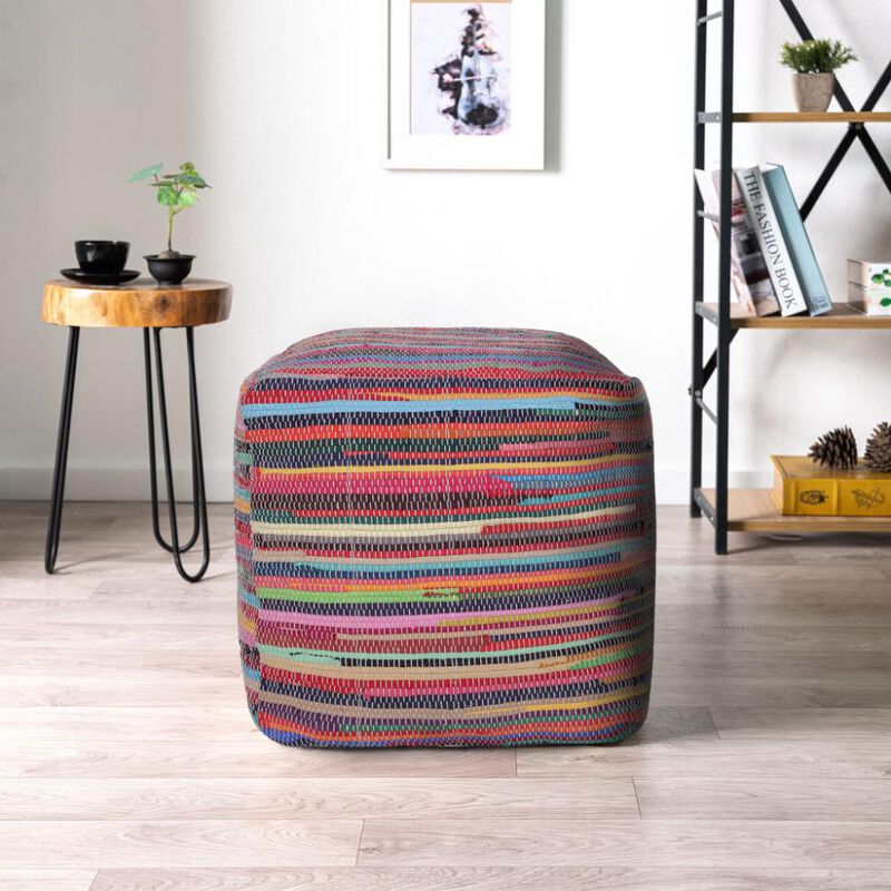 Hivvago 18 Inch Red And Black Cotton Cube Striped Pouf Ottoman