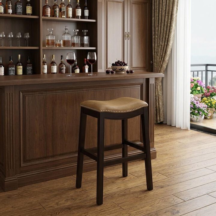 HomeRoots 26" Tan And Espresso Solid Wood Backless Bar Height Bar Chair