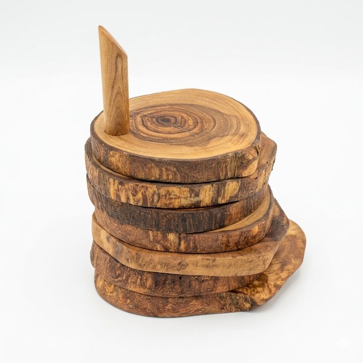 Olive Wood Coaster Set with Holder -7 Pcs