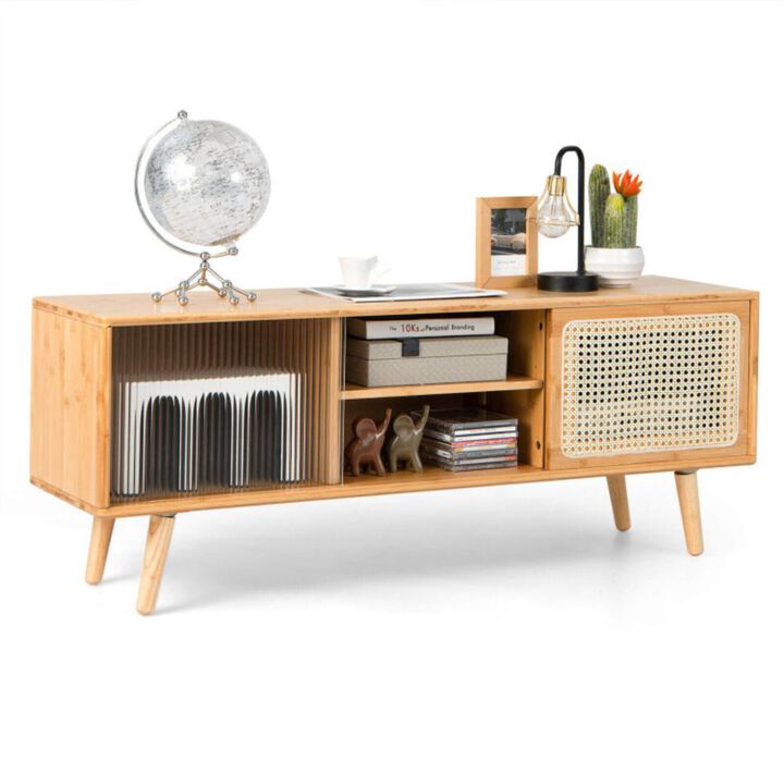 Hivvago Modern TV Stand with Rattan Glass Sliding Doors