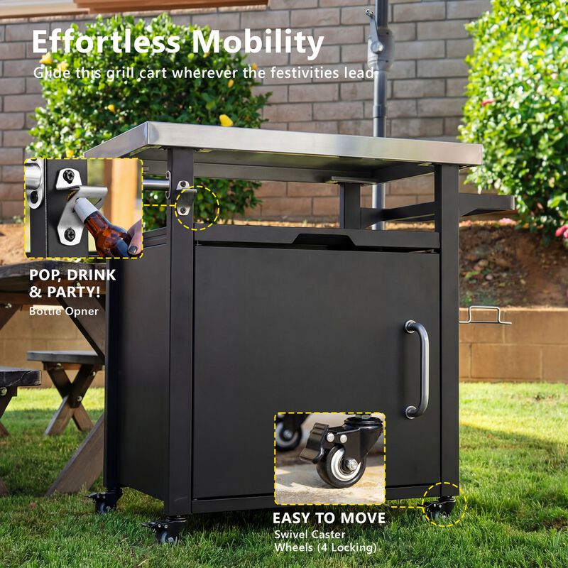 Whisen 39.5" Outdoor Kitchen Island with Storage Cabinet, Stainless Steel Pizza Oven Table on Wheels, Waterproof Cover Included image number 7