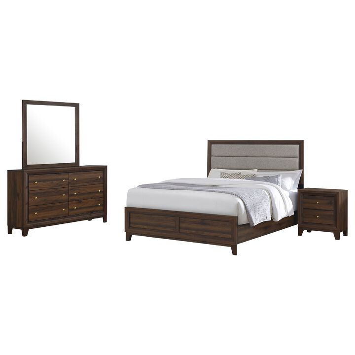 Yels 4 Piece Queen Bedroom Set, Gray Upholstery, Walnut Brown Wood