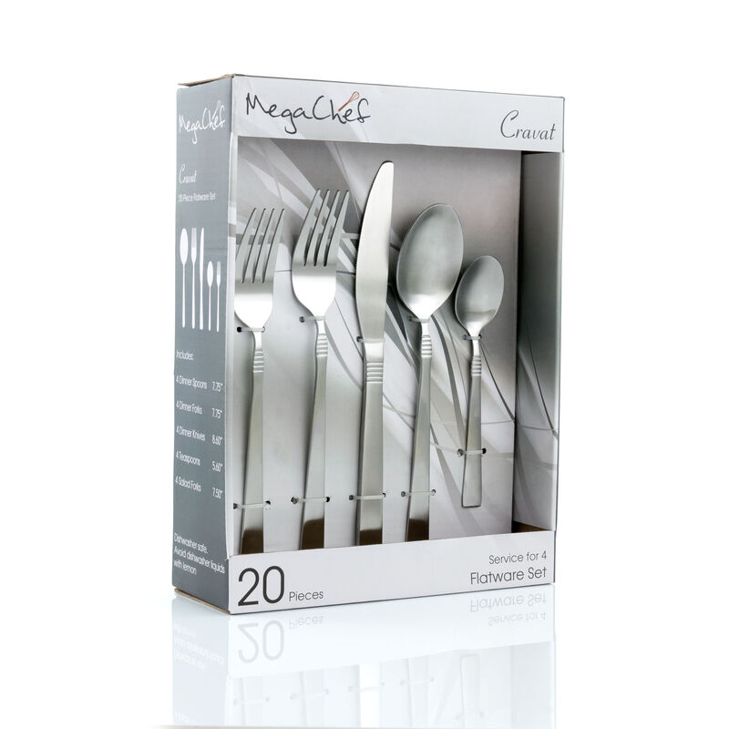 MegaChef Cravat 20 Piece Flatware Utensil Set, Stainless Steel Silverware Metal Service for 4 in Matte Silver