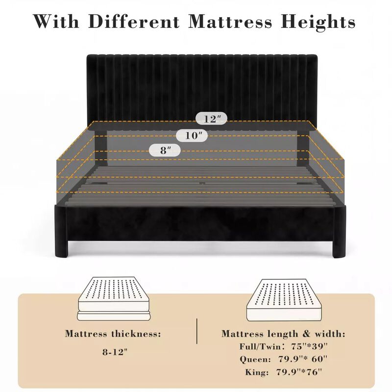 Vipbear Black Velvet Upholstered Platform Bed Frame with Headboard, Wood Slat Support, Easy Assembly image number 4