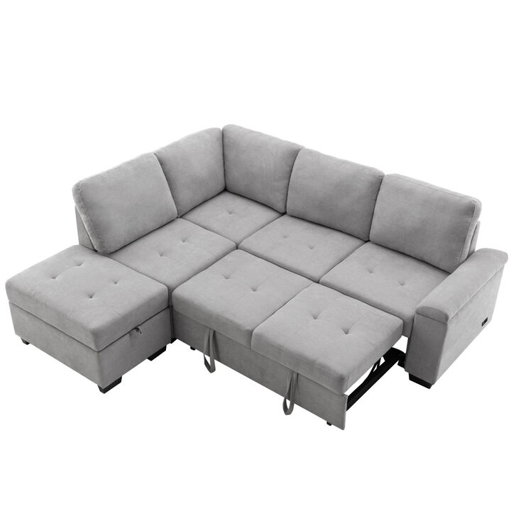Sleeper Sectional Sofa, L-Shaped Corner Couch Sofa-Bed with Storage Ottoman & Hidden Arm Storage & USB Charge for Living Room Apartment, Gray
