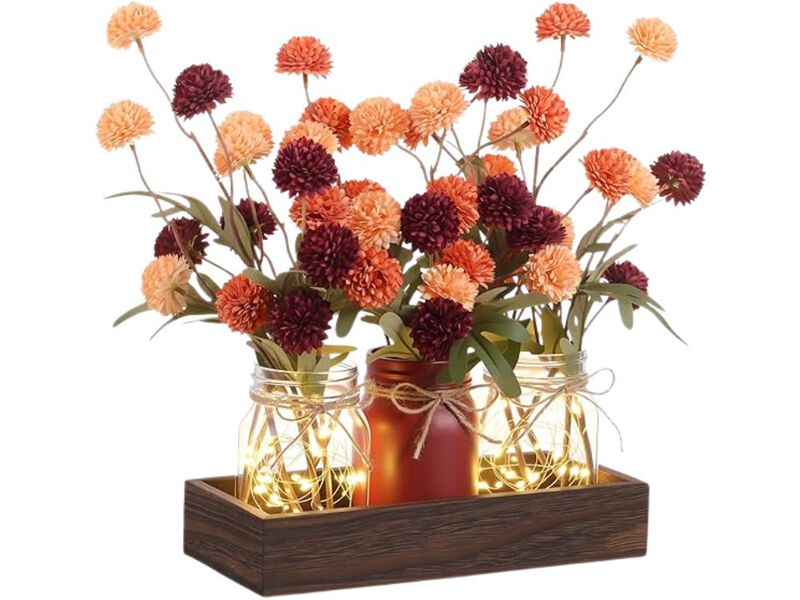 3-Piece Fall Mums Mason Jar Centerpiece – Faux Kiku Flowers with LED Lights & Wood Tray for Thanksgiving Table & Kitchen Decor