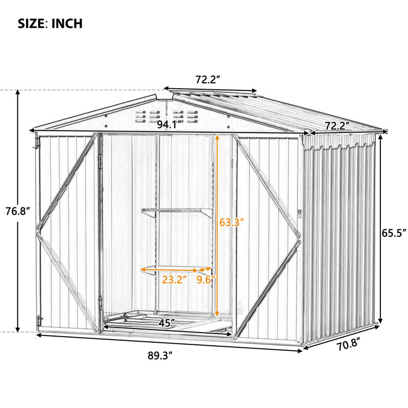 Patio 8ft x6ft Bike Shed Garden Shed, Metal Storage Shed with Adjustable Shelf and Lockable Doors, Tool Cabinet with Vents and Foundation Frame for Backyard, Lawn, Garden, Gray image number 7