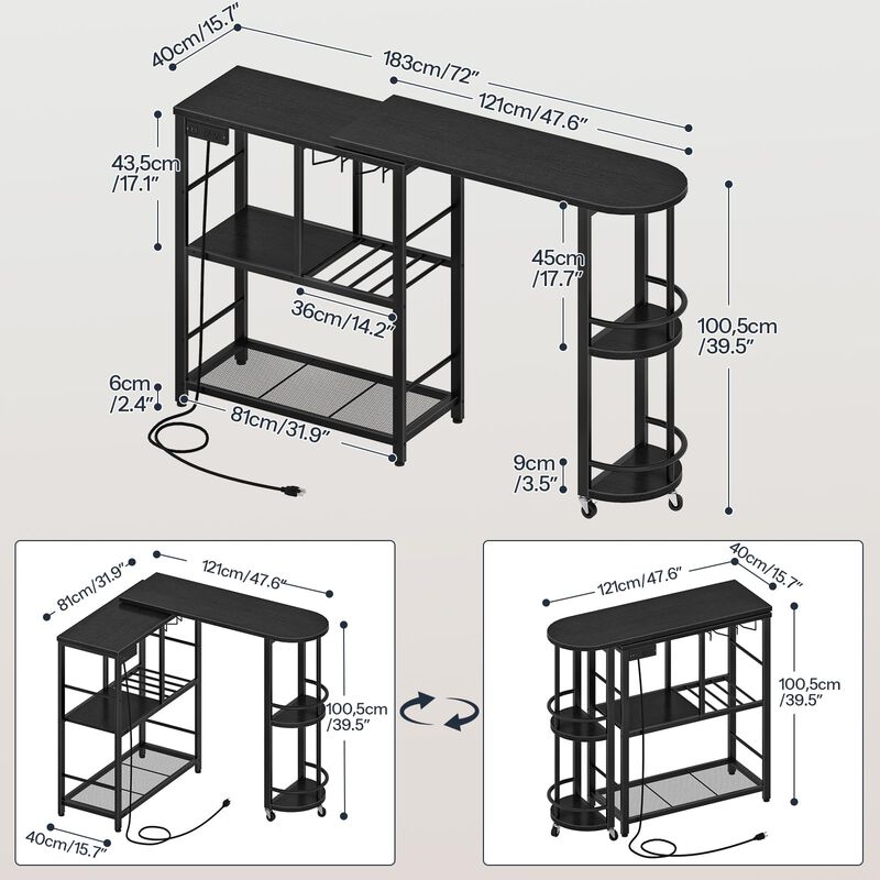 L-Shaped Bar Table with Charging Station and Multi-Tier Corner Storage-Black image number 2