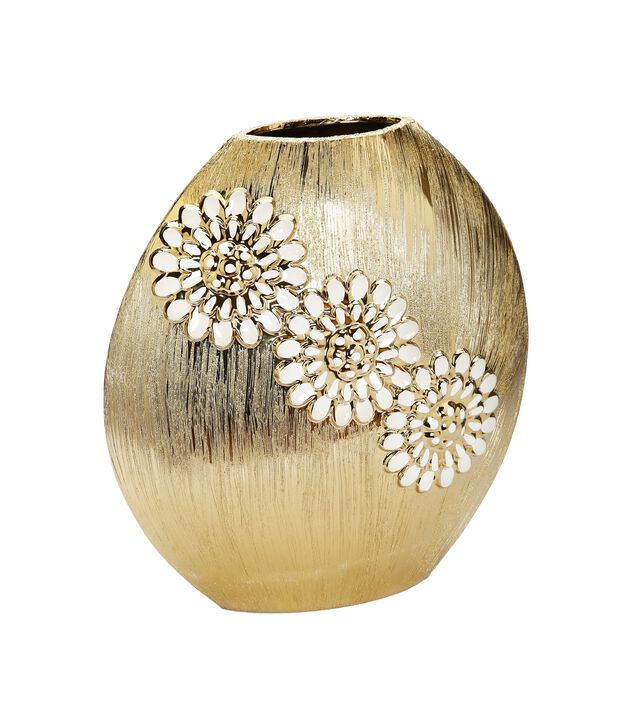 Round Matte Gold Vase with Textured Flower Design - Tall