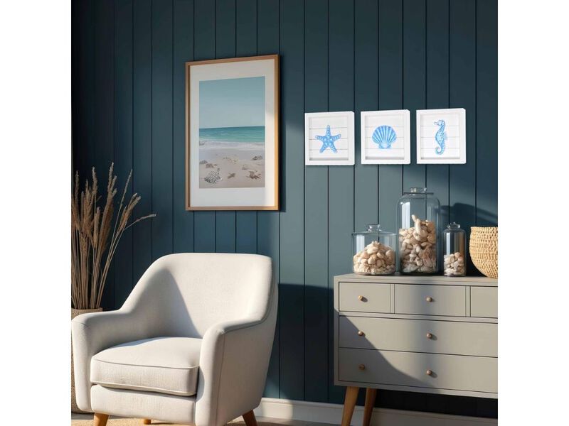 Set of 3 Coastal Wall Art Blue Starfish Seashell Seahorse Decor for Home image number 1