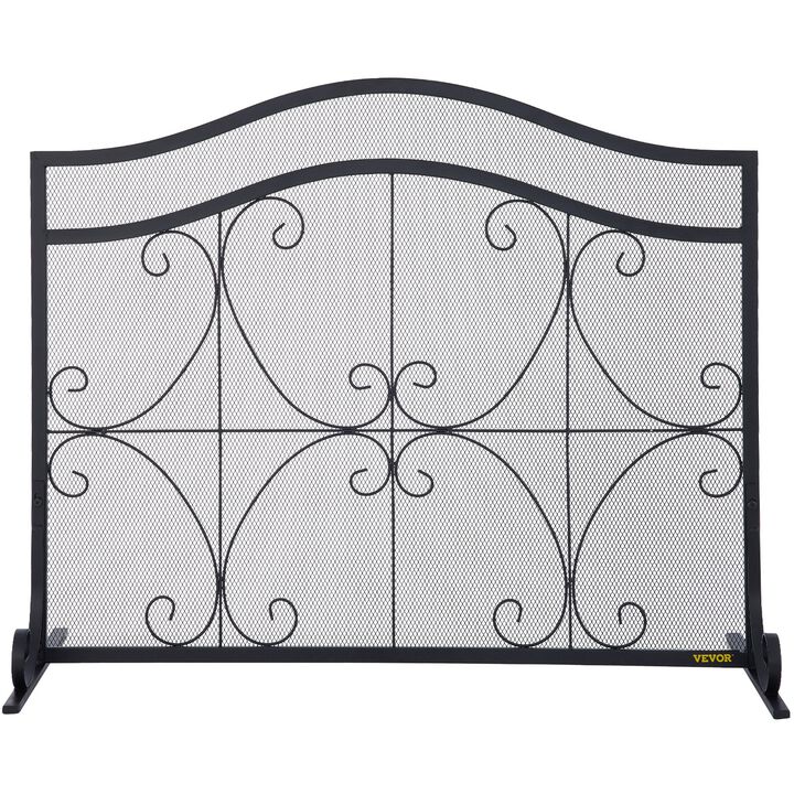 Iron Fireplace Screen with Spark Protection, Mesh Panel and Fireplace Accessories Set-Black