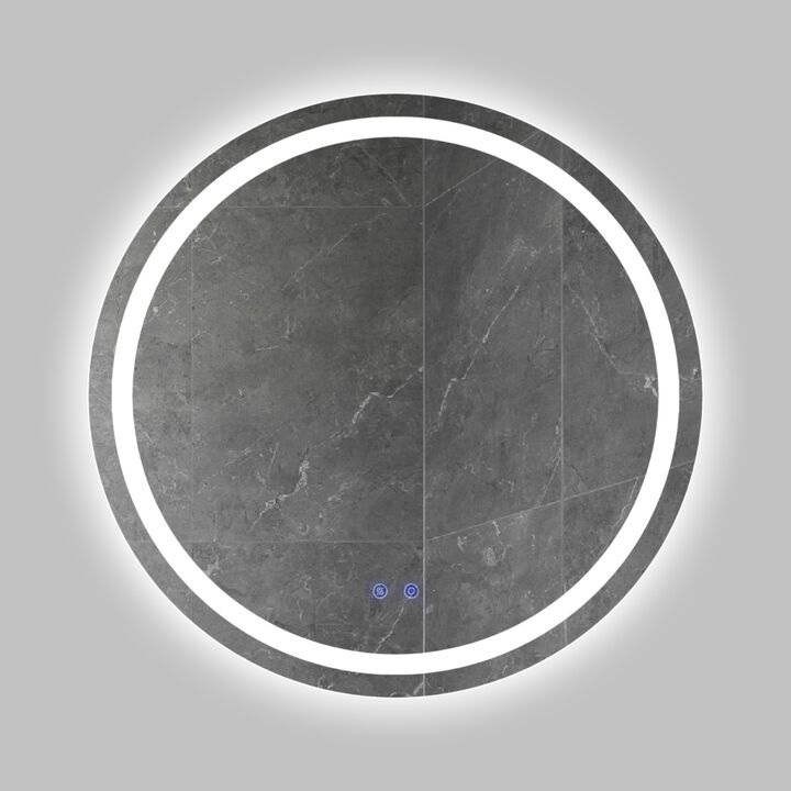32 x 32 Inch Round Frameless LED Illuminated Bathroom Mirror, Touch Button Defogger, Metal, Frosted Edges, Silver-Benzara