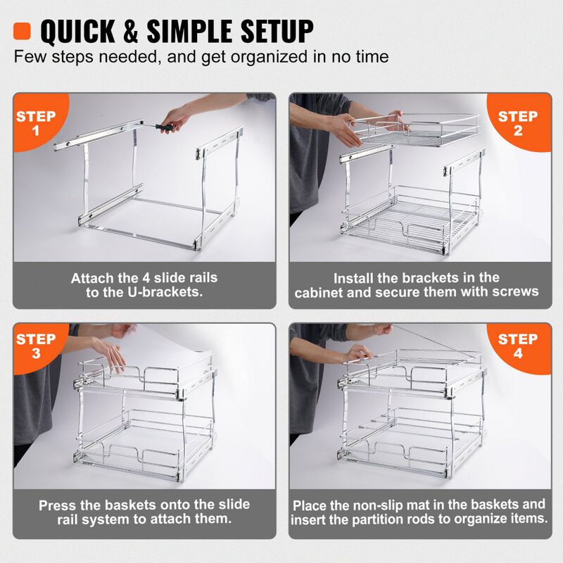 2 Tier Slide Out Cabinet Organizer Heavy Duty Steel Pantry Storage Rack image number 3