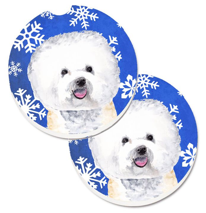 Caroline's Treasures Bichon Frise Winter Snowflakes Holiday Set of 2 Cup Holder Car Coasters SC9362CARC, 2.56, Multicolor