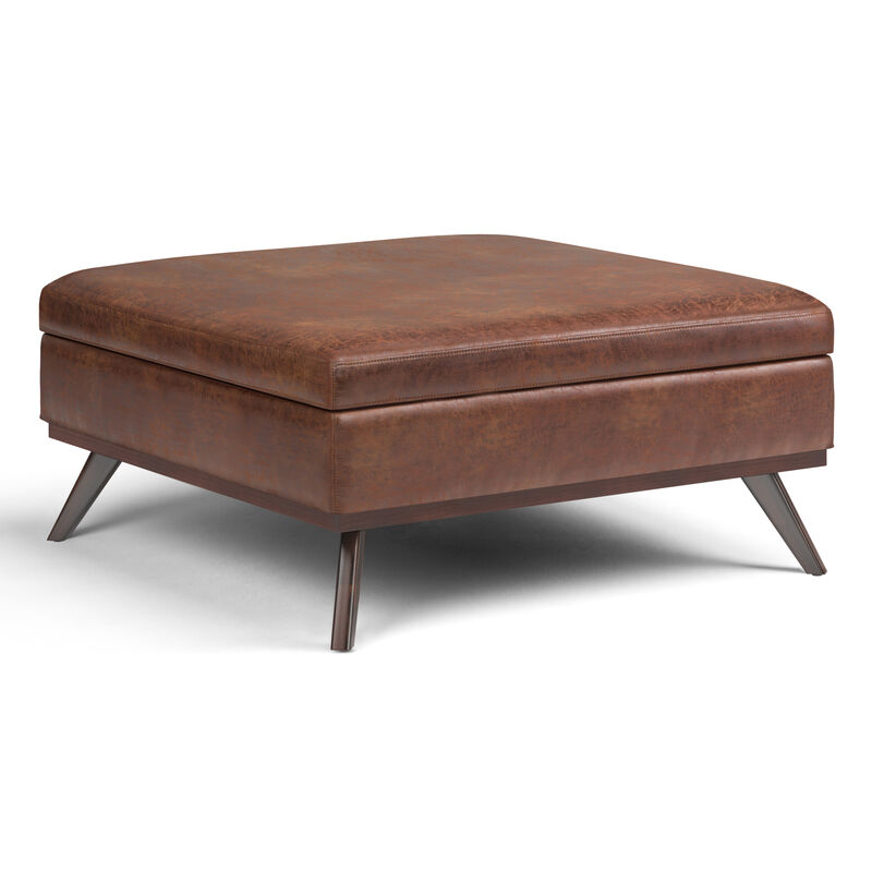 Owen 40 inch Wide Mid Century Modern Square XL Coffee Table Storage Ottoman in Distressed Saddle Brown Vegan Faux Leather, Assembled image number 0