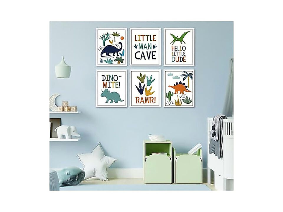 6 Pack Dinosaur Nursery Decor Framed Wall Art Boys Room Cute Baby Bedroom Kids