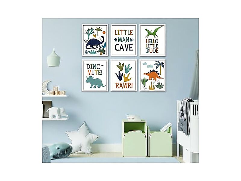 6 Pack Dinosaur Nursery Decor Framed Wall Art Boys Room Cute Baby Bedroom Kids image number 1