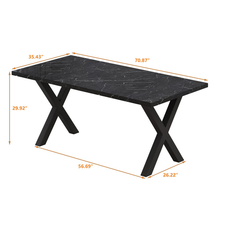 70.87" Modern Square Dining Table with Printed Black Marble Tabletop+Black X-Shaped Table Leg