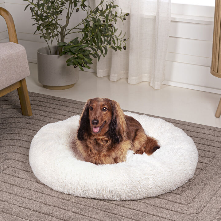 Maisie Bohemian Glam Faux Fur Round Fluffy Calming Donut Pet Bed with Washable Cover