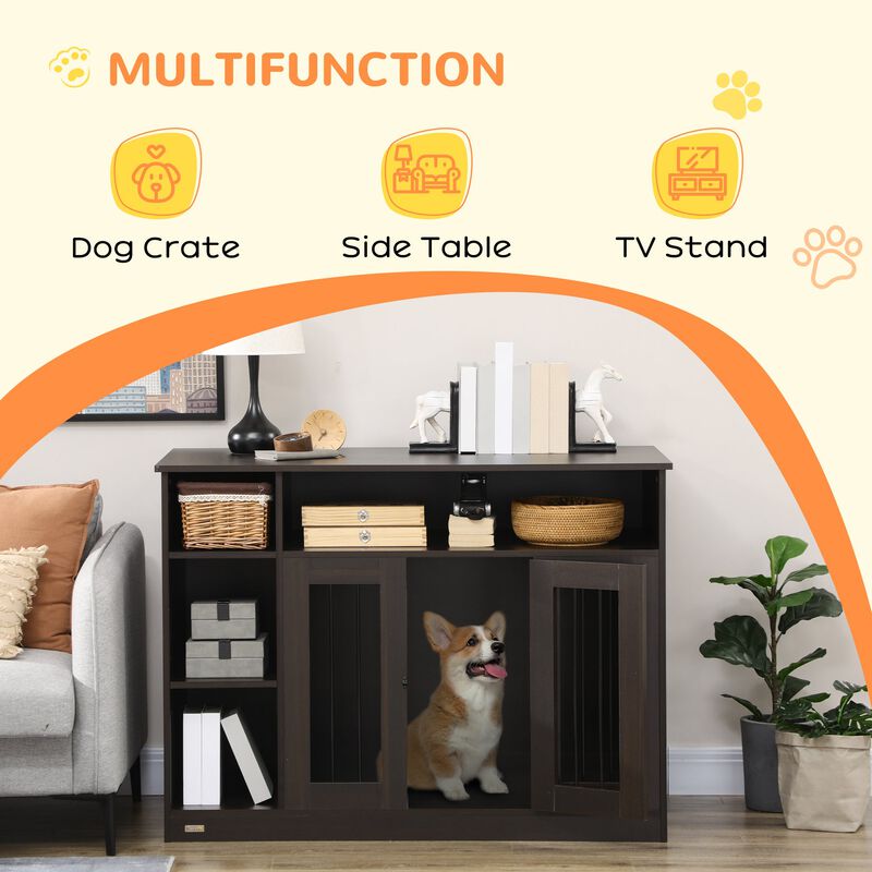 Brown Pet Enclosure: Luxury Dog Crate with Storage & Lockable Door