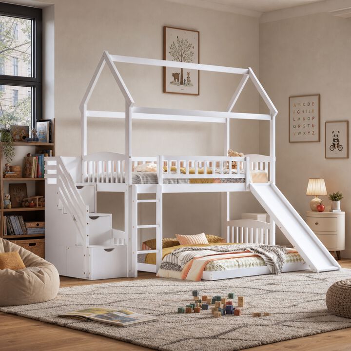 Whisen 77.4"x41.6" Twin Over Full Bunk Bed with Slide, Solid Wood Playhouse for Kids Bedroom