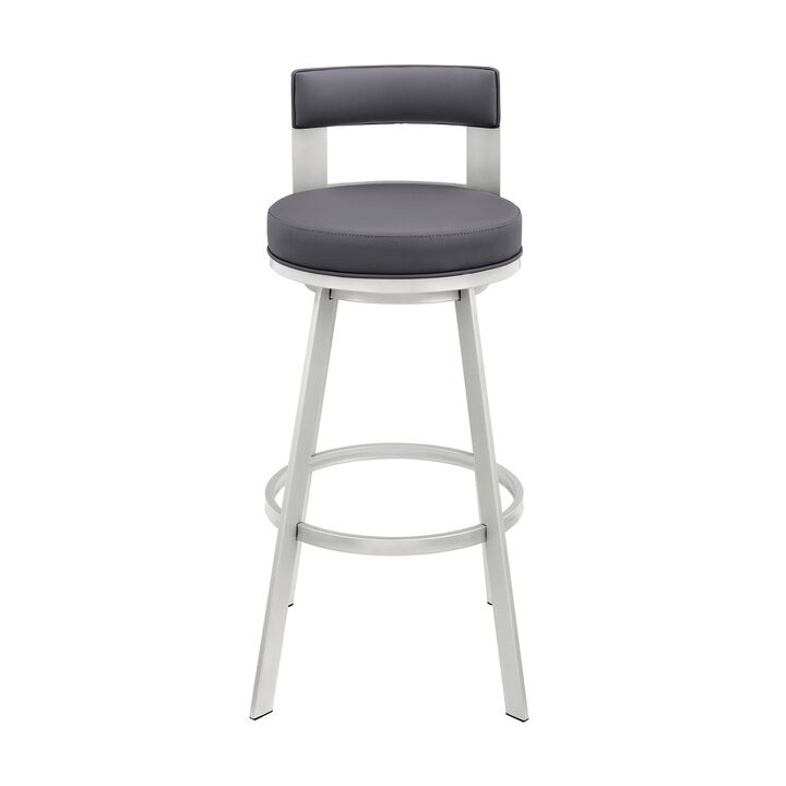 Ami 30 Inch Swivel Barstool Chair, Gray Faux Leather Open Back, Silver Base - Benzara