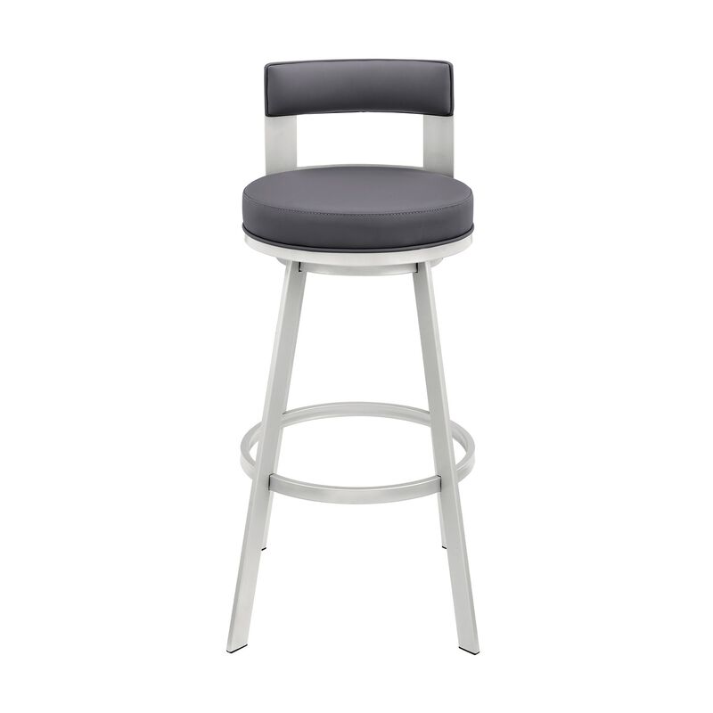 Ami 30 Inch Swivel Barstool Chair, Gray Faux Leather Open Back, Silver Base - Benzara