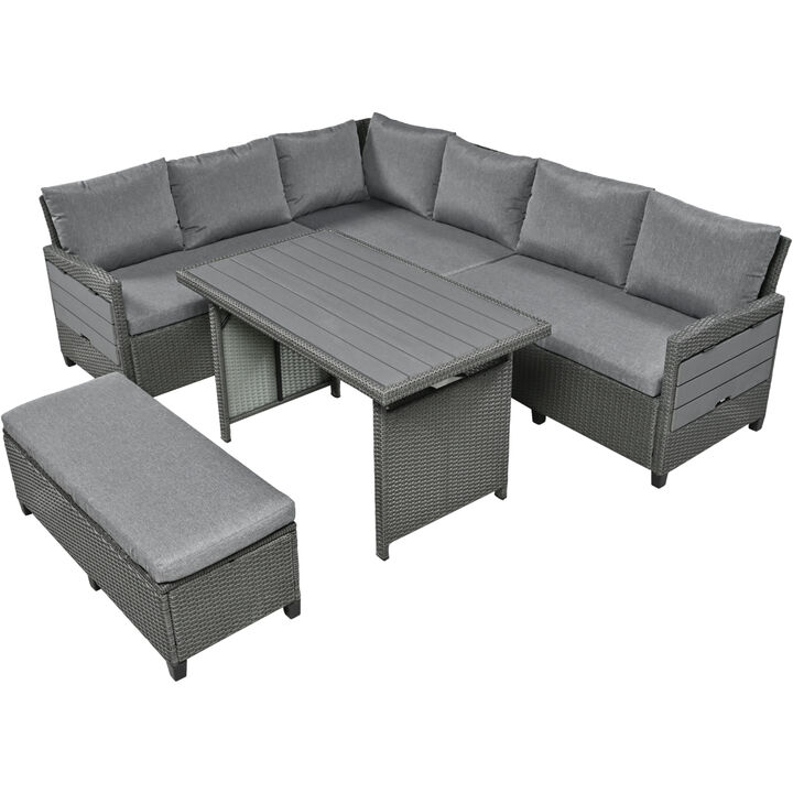 5-Piece Outdoor Patio Rattan Sofa Set, Sectional PE Wicker L-Shaped Garden Furniture Set with 2 Extendable Side Tables, Dining Table and Washable Covers for Backyard, Poolside, Indoor, Gray