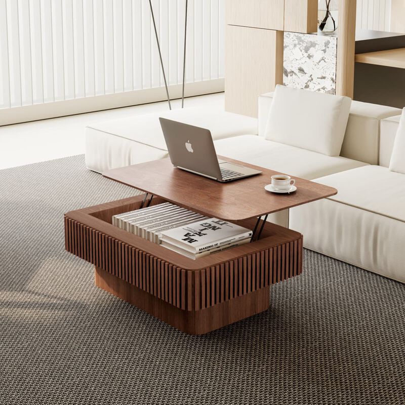 Rectangular lift top coffee table Coffee table with hidden storage and soft close Fluted MDF and solid wood veneer coffee table image number 3