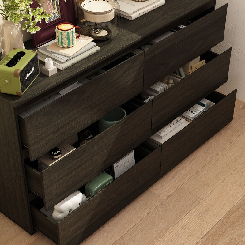 FUFU&GAGA 6-Drawer Natural Oak Dresser, Handle-Free Wooden Storage Cabinet for Bedroom or Vanity Area, (32.3 in. H x 59 in. W x 15.7 in. D),Yellow