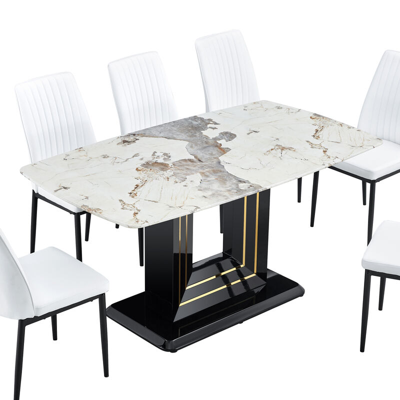 Merax 7-Piece Faux Marble Dining Table Set, Glass Rectangular Kitchen Table for 6-8, Modern Black Faux Marble Dining Room Table with MDF Base