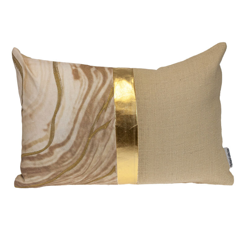 HomeRoots 14" X 20" Beige and Gold Striped Cotton Blend Throw Pillow image number 0