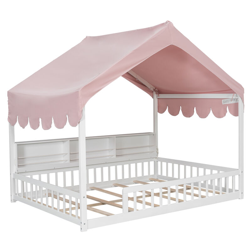 Merax Full Size Wooden Floor Bed,House-Shaped Daybed with Fense,3 Storage Bookshelves,Curtain and LED Light image number 0