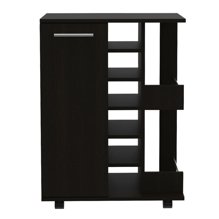 DEPOT E-SHOP Magda Bar Cart, Four Casters, Six Built-in Wine Rack, Single Door Cabinet, Two External Shelves, Black