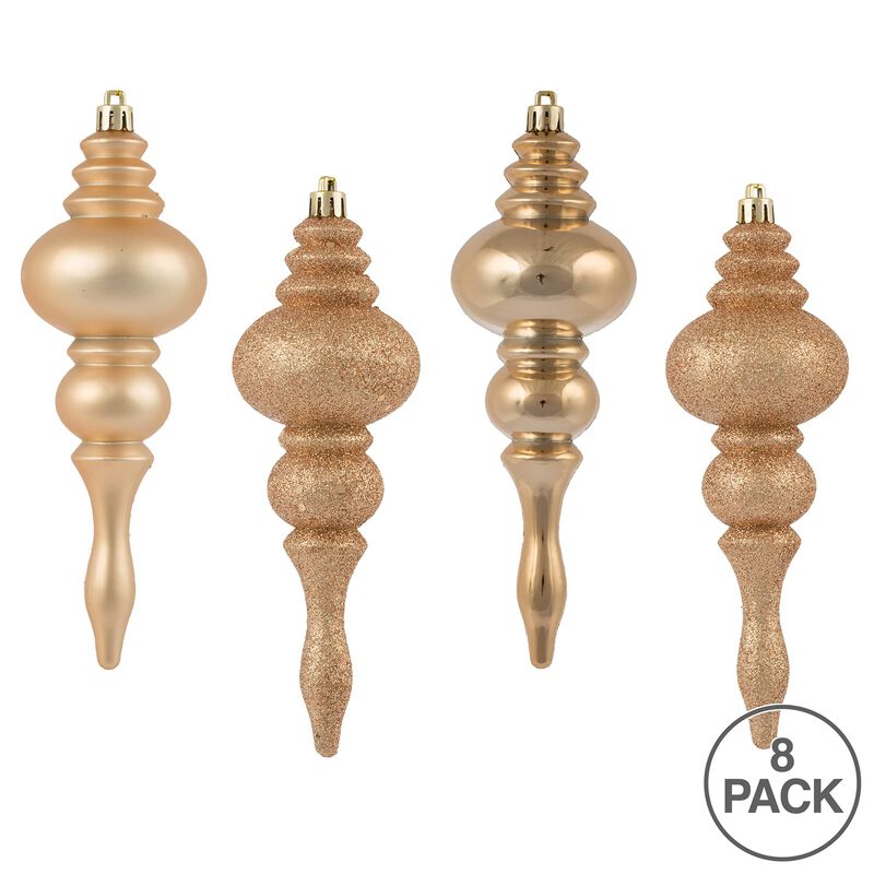 Vickerman 7" 4-Finish Finial Ornament, Shatterproof Plastic Christmas Tree Decoration, 8 Pack, Cafe Latte Shiny, Matte, Glitter and Sequin Finishes image number 4
