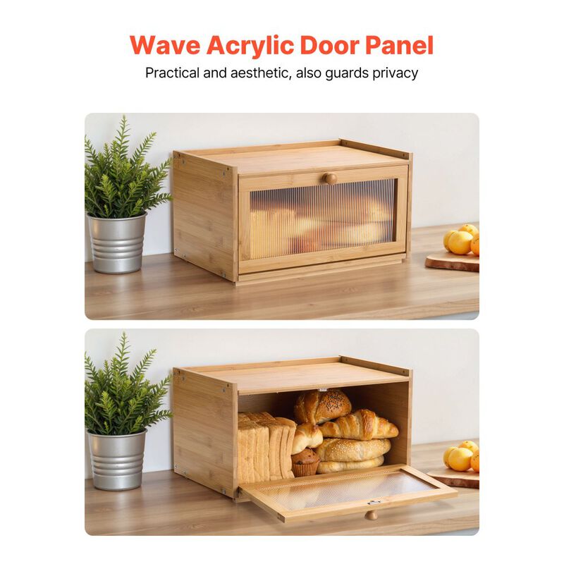 Large Wooden Bread Box for Kitchen Counter, Bread Storage Bin with Acrylic Wavy Door-Natural image number 4