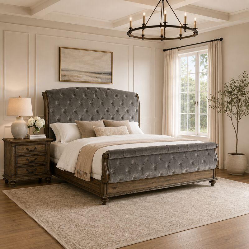 Queen Bedroom Set, Gray, Brown Wood, 2 Piece Set with Nightstand image number 8