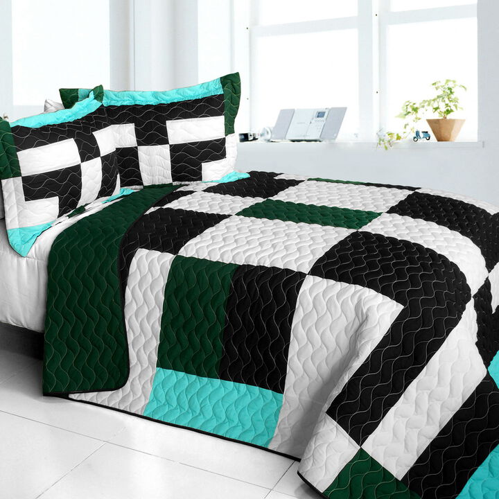 Queen Size 3 Piece Patchwork Quilt Set Pearl Turquoise Soft Bedspread Set