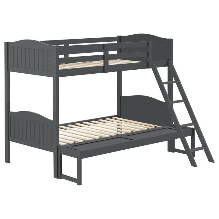 Laro Twin over Full Bunk Bed, Attached Ladder, Guard Rails, Gray Wood - Benzara