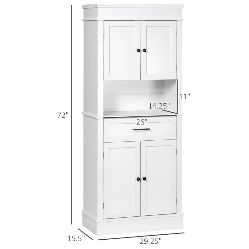 White Kitchen Storage: 72" Tall Freestanding Hutch with Shelving & Drawer
