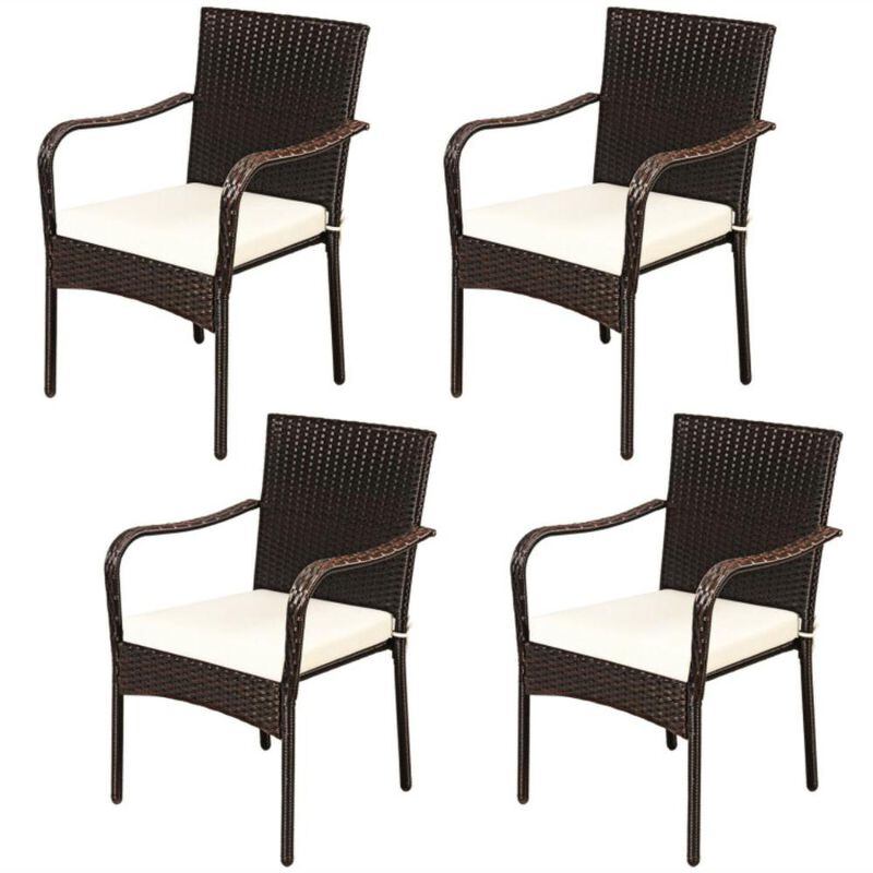 Hivvago Set of 4 Patio Rattan Stackable Dining Chair with Cushioned Armrest for Garden